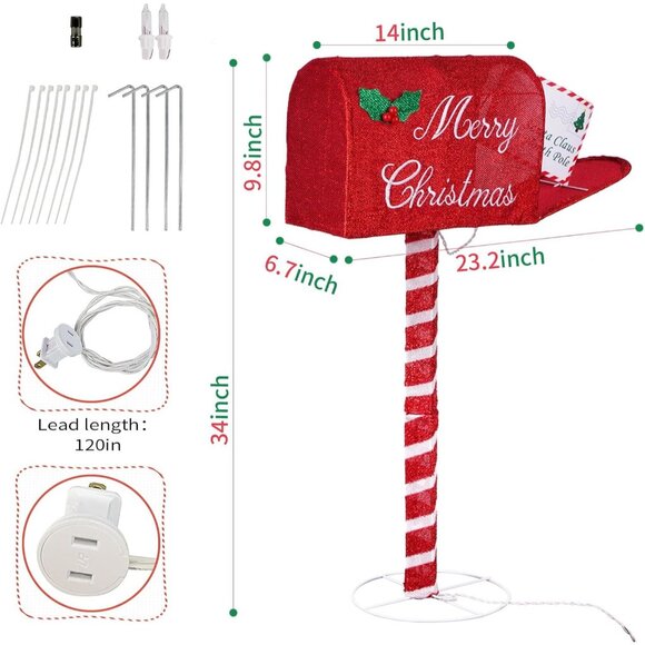 New 34Inch Red Lighted Tinsel Santa's Mailbox for Yard Decor - Picture 4 of 5